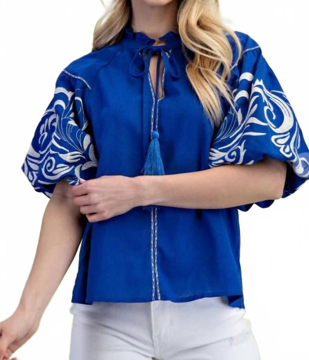 NEW GIGIO embroidered puff sleeve blouse in cobalt